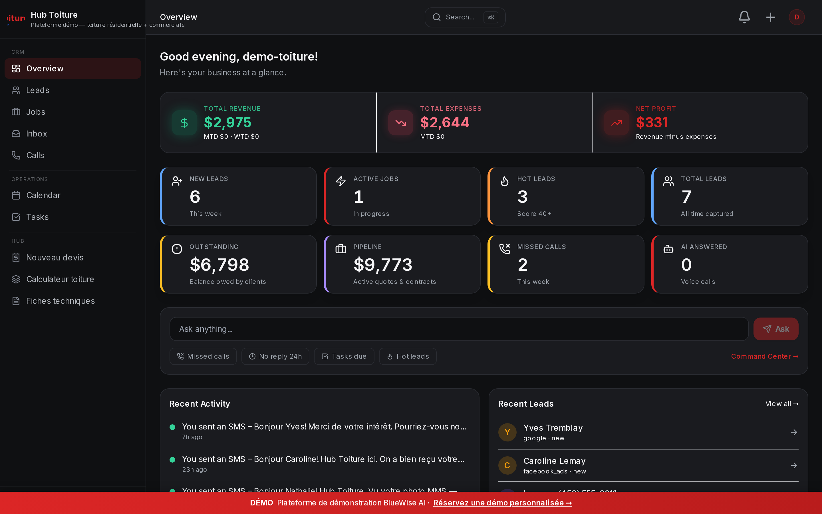 Hub Toiture — CRM overview dashboard for a Quebec roofer